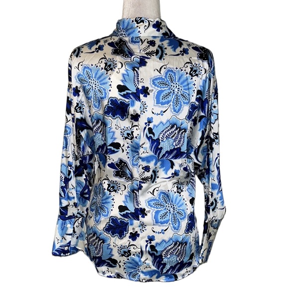 NWT Zara Navy Aqua Blue & White Floral Satin Button Down Blouse - L - Picture 10 of 16